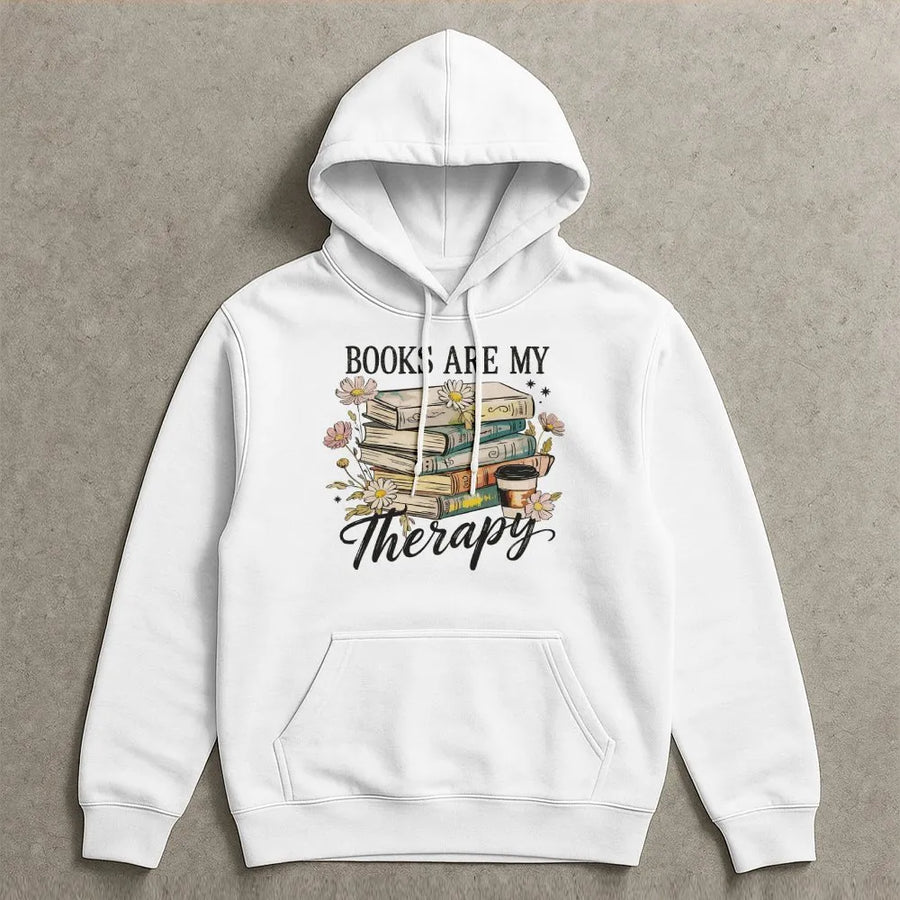 Books Are My Therapy Hoodie | Retro Floral Bookworm Graphic | Premium Cotton Blend | Aesthetic Librarian Gift for Readers