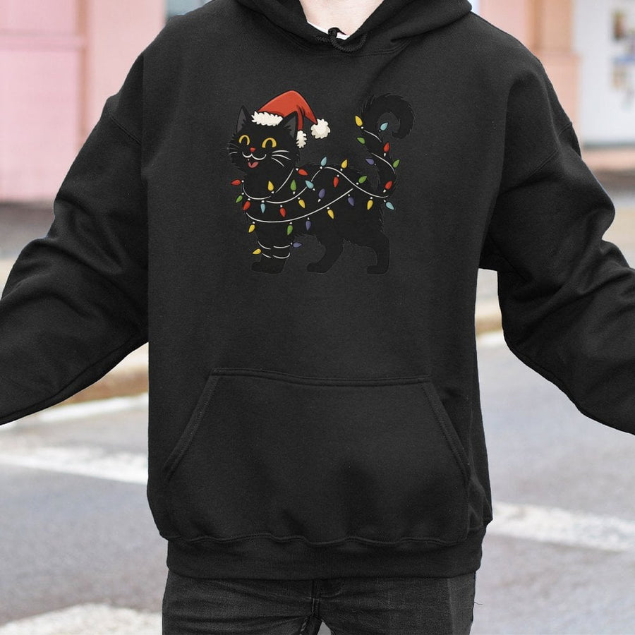 Black Cat Christmas Hoodie | Festive Holiday Kitten With String Lights | Soft Cotton-Blend Pullover | Cute Winter Gift For Cat Lovers