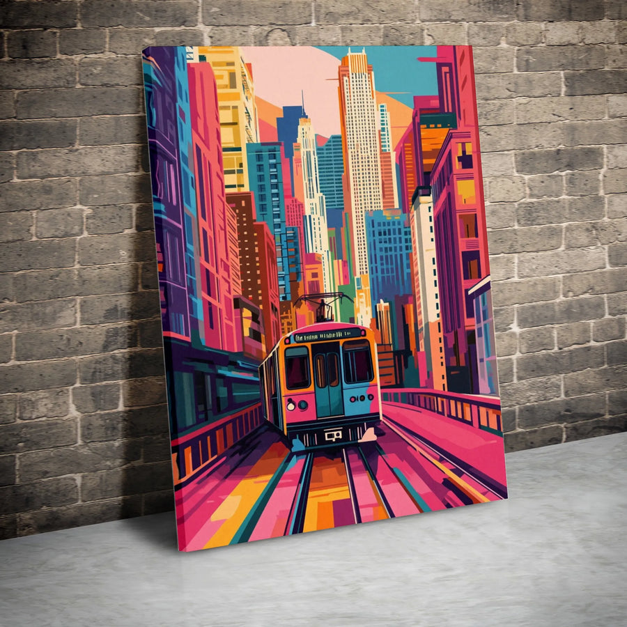 Cityscape Train Canvas Art | Colorful Urban Pop Art Print | 1.25-Inch Gallery Wrap | Modern Home Office Decor Gift