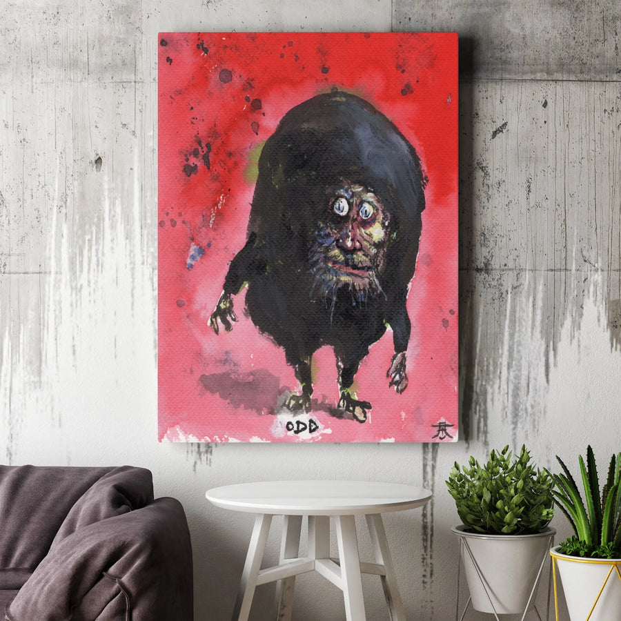 Odd Hairy Monster Wall Art | Quirky Creature Red Watercolor Canvas | Premium Gallery-Wrapped Decor | Unique Gift for Eccentric Art Lovers