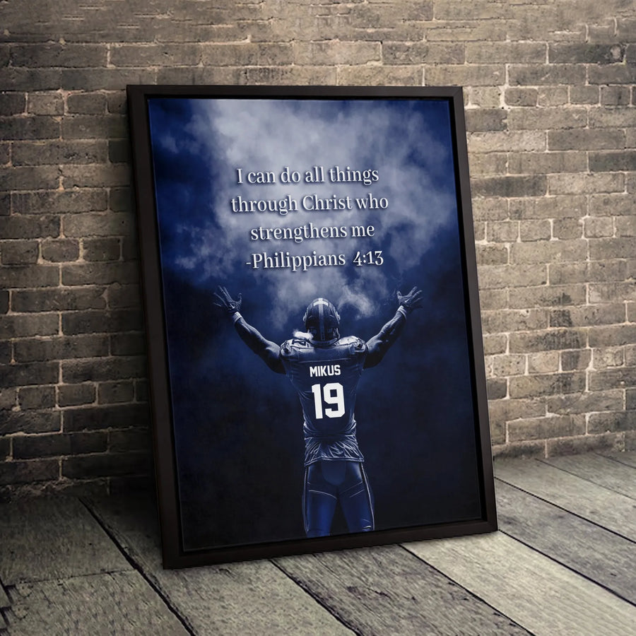 Philippians 4:13 Football Wall Art | Christian Scripture Canvas Print | Premium Gallery-Wrapped Decor | Motivational Gift for Athletes