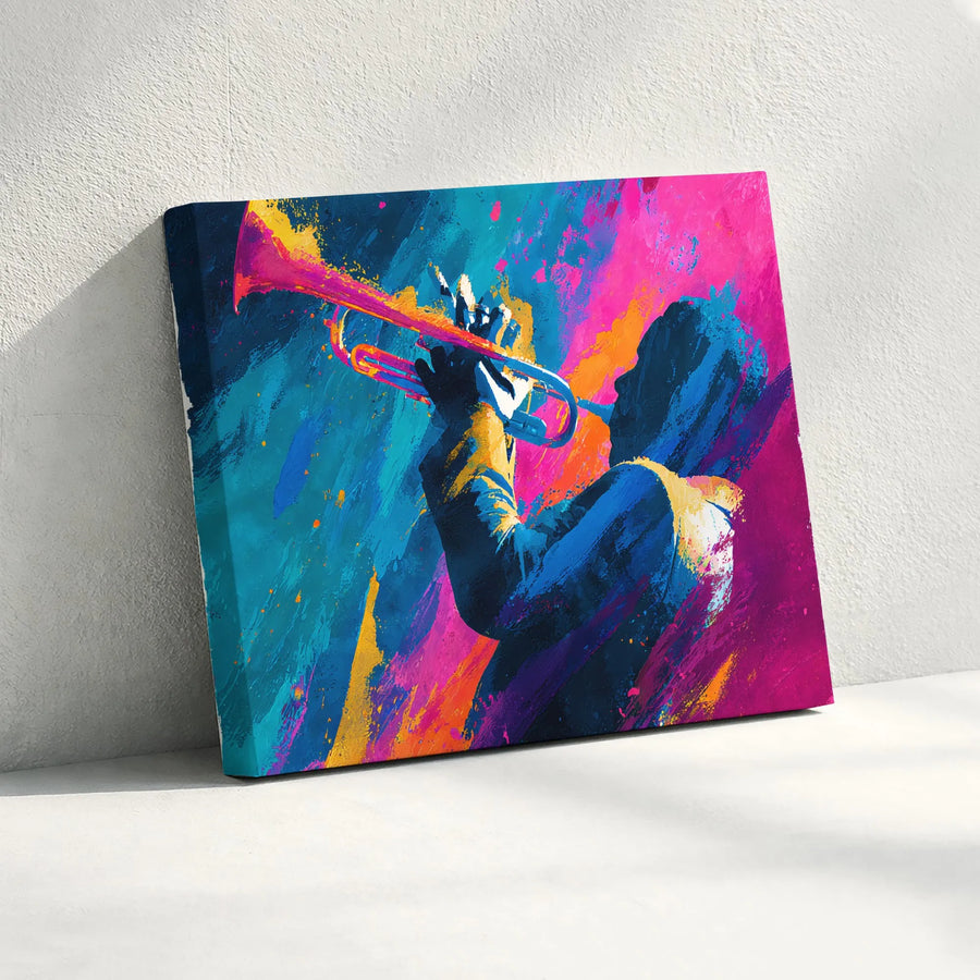 Jazz Trumpet Player Canvas Wall Art | Vibrant Abstract Painting | Premium Gallery Wrap Canvas | Gift for Musician & Modern Home Decor