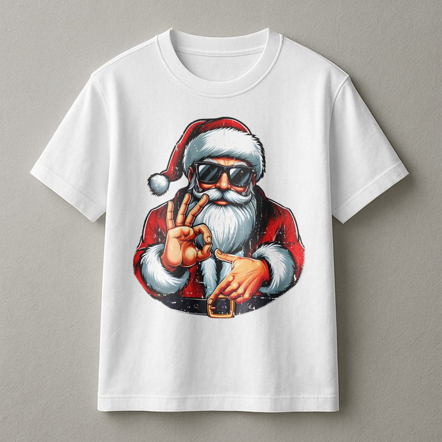 Cool Santa Sunglasses T-Shirt | Funny Hand Gesture Graphic Print | Premium 100% Cotton Tee | Christmas Holiday Gift For Men & Women