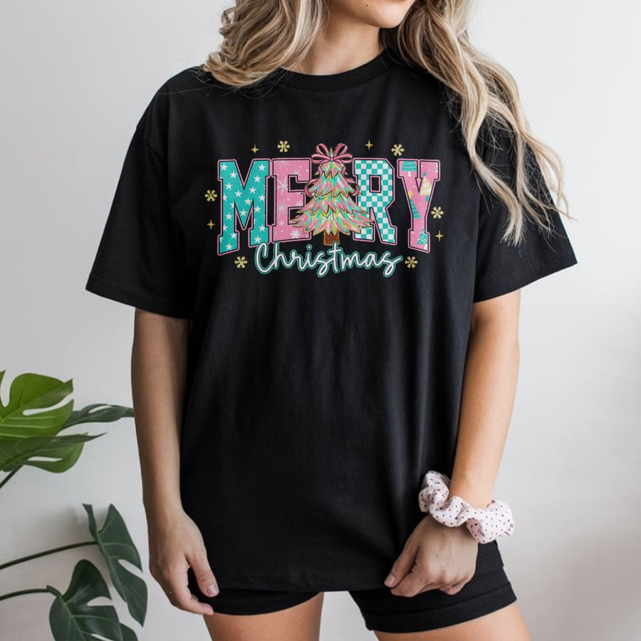 Merry Christmas T-Shirt | Pastel Aesthetic Holiday Tree Graphic | Soft Cotton Festive Holiday Gift | Women and Teens Winter Holiday Party Outfit