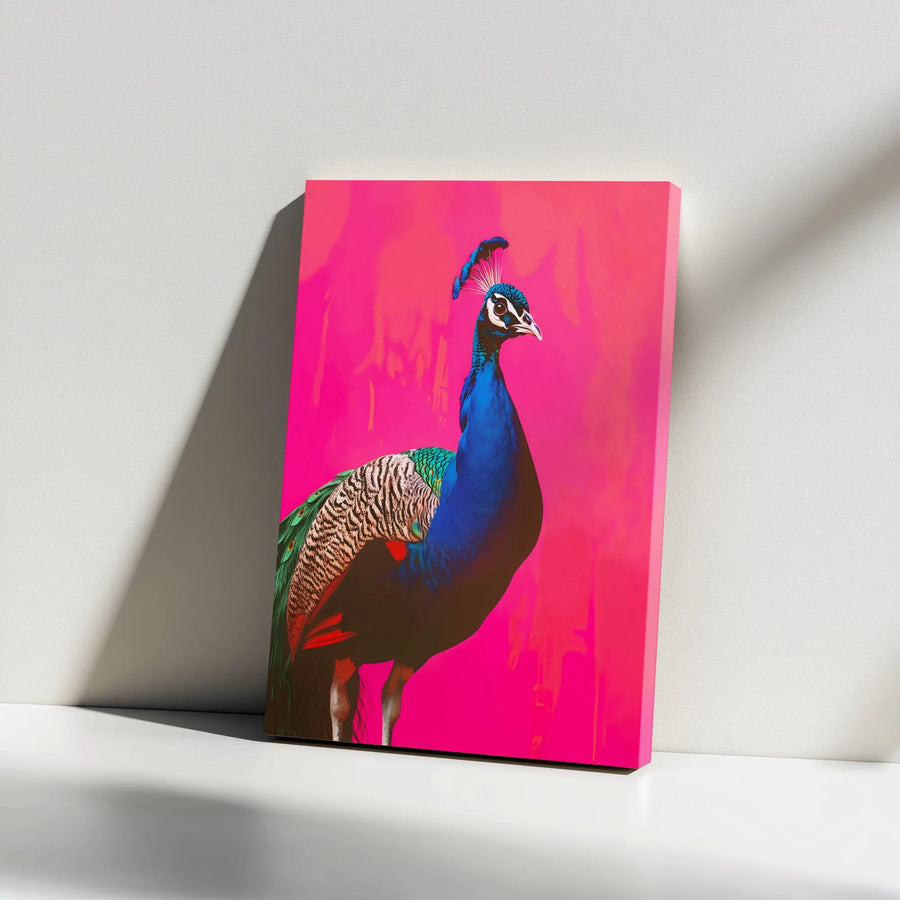Peacock Wall Art Canvas | Vibrant Hot Pink Bird Print | Premium 1.25 Gallery Wrap | Modern Home Decor Gift for Bird Lovers