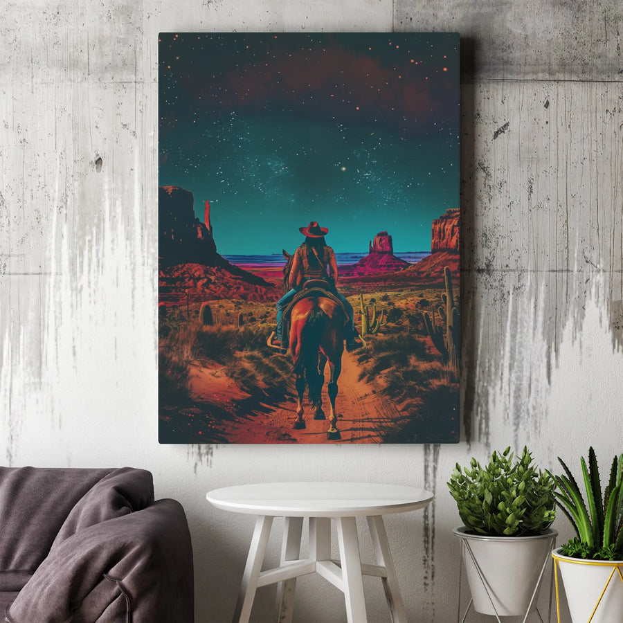 Western Canvas Wall Art | Monument Valley Cowgirl Riding Horse | Premium Gallery Wrap Print | Southwestern Decor Gift for Home