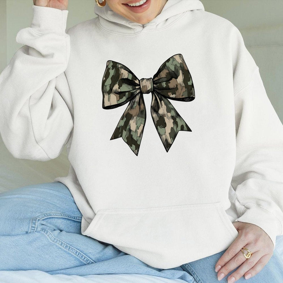 Camo Bow Hoodie | Trendy Camouflage Ribbon Graphic | Premium Cotton Blend Sweatshirt | Cute Fall Hunting Outfit Gift For Her