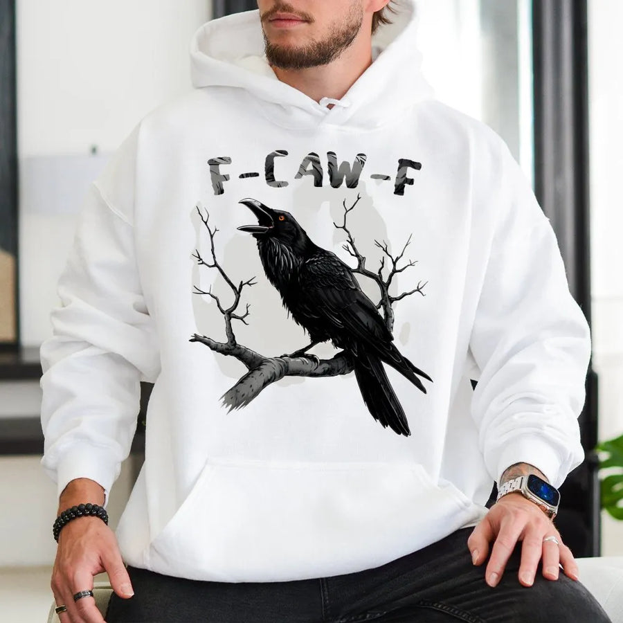 Raven Hoodie | F-Caw-F Gothic Crow Graphic Design | Premium Cotton Blend Pullover | Witchy Spooky Season Gift For Nature Lovers