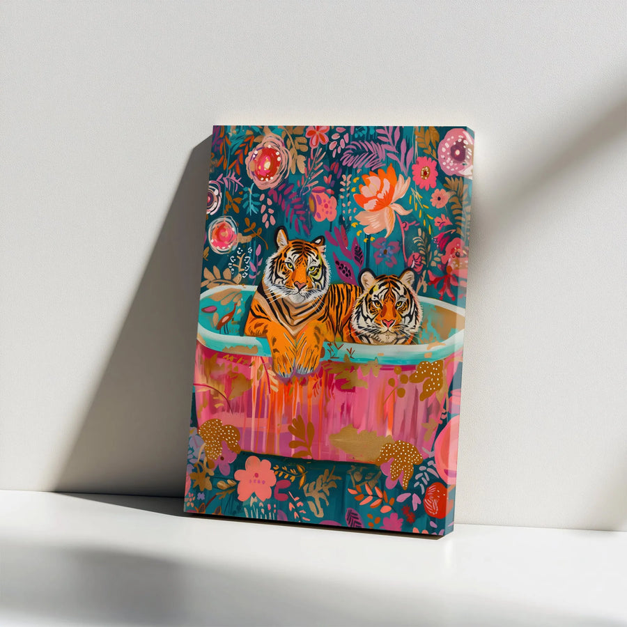 Tiger Canvas Wall Art | Colorful Floral Bathtub Jungle Print | Premium Gallery Wrap Canvas | Unique Animal Lover Gift & Boho Home Decor