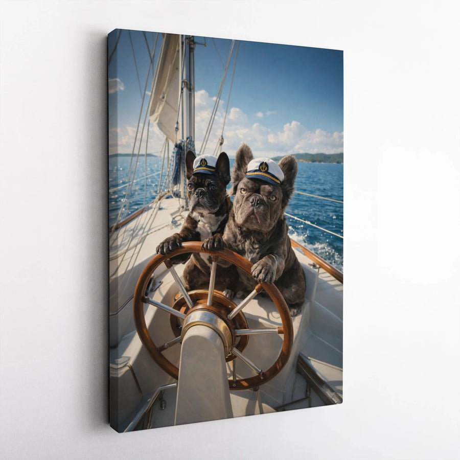 Funny French Bulldog Canvas Wall Art | Dog Captains on Sailboat Print | Premium Gallery Wrapped Canvas | Gift for French Bulldog Owner, Nautical Home Decor
