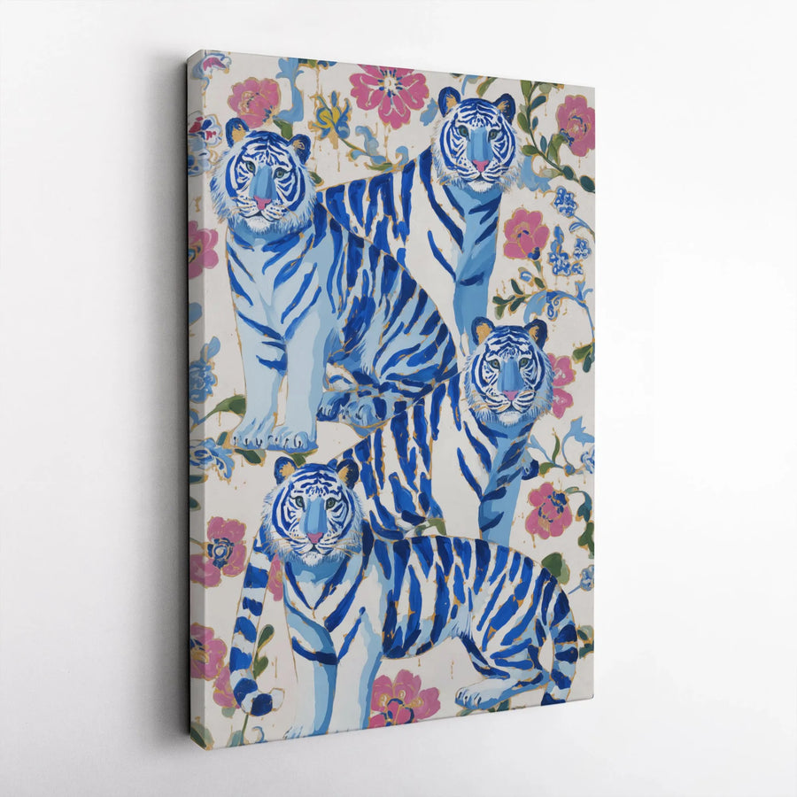 Chinoiserie Blue Tiger Wall Art | Floral Botanical Pattern Canvas | Premium Fade-Resistant Gallery Wrap | Elegant Home Decor Gift