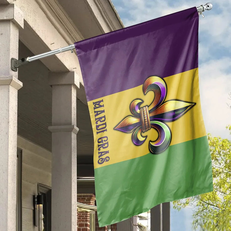 Mardi Gras House Flag | Fleur de Lis Tricolor Design | Weather-Resistant Double Sided Polyester | Seasonal Outdoor Yard Decor Gift