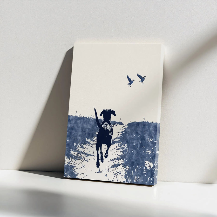 Hunting Dog Wall Art | Lab Chasing Geese Watercolor Print | Gallery Wrapped 1.25 Inch Canvas | Rustic Cabin Decor for Outdoorsmen