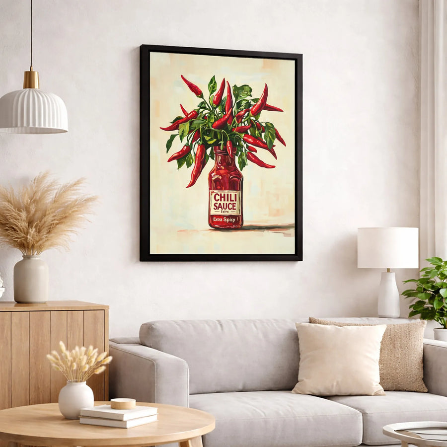 Chili Sauce Bottle Wall Art | Red Pepper Floral Bouquet Print | Gallery-Quality 1.25 Inch Thick Canvas | Kitchen Decor Gift for Foodies