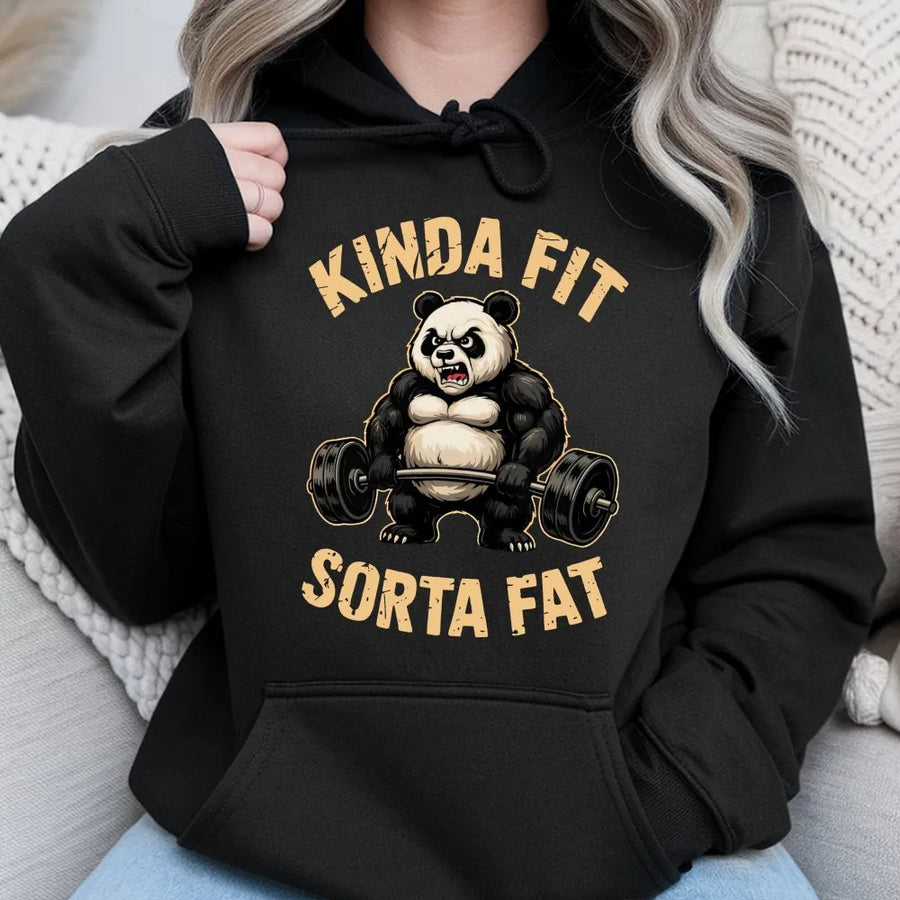 Funny Panda Gym Hoodie | Kinda Fit Sorta Fat Weightlifting Graphic | Premium Cotton Blend Crewneck | Workout Humor Gift for Lifters