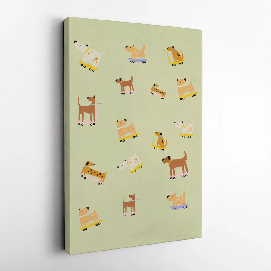 Cute Dog Wall Art | Cartoon Skateboard Puppy Pattern | Premium Gallery Wrap Canvas | Nursery Or Kids Room Decor Gift