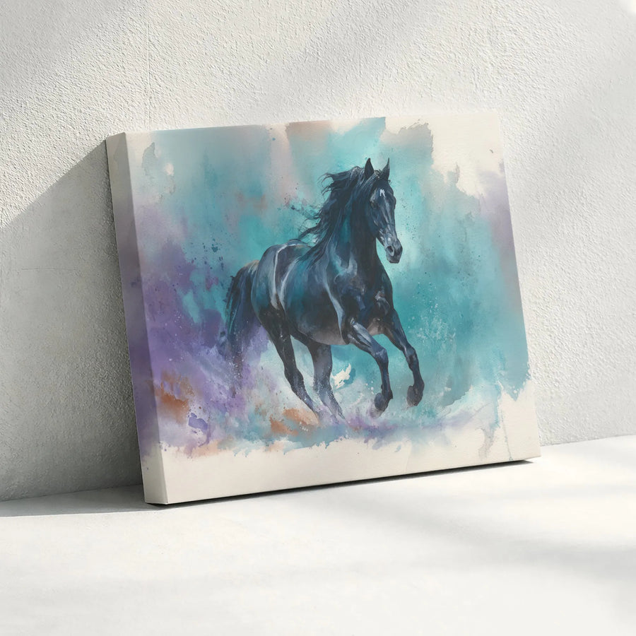 Black Horse Canvas Wall Art | Abstract Watercolor Running Stallion | Premium Gallery Canvas Print | Equestrian Home Decor Gift