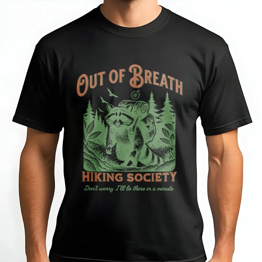 Out of Breath Hiking Society T-Shirt | Vintage Raccoon Graphic | Soft Fleece Pullover | Gift for Hiker and Outdoor Lover