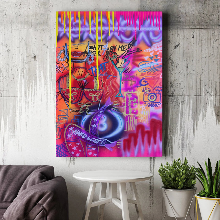 Neon Graffiti Canvas Wall Art | Urban Street Style Pop Art Print | Premium 1.25-Inch Gallery Wrap | Edgy Home Decor For Apartment Or Studio