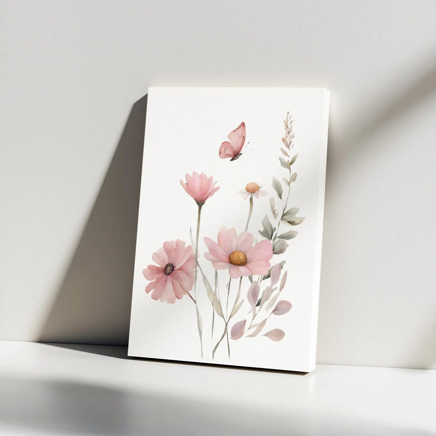 Watercolor Pink Wildflowers Canvas Wall Art | Soft Floral Botanical Print | Premium 1.25-inch Gallery Wrap | Modern Farmhouse Living Room Decor