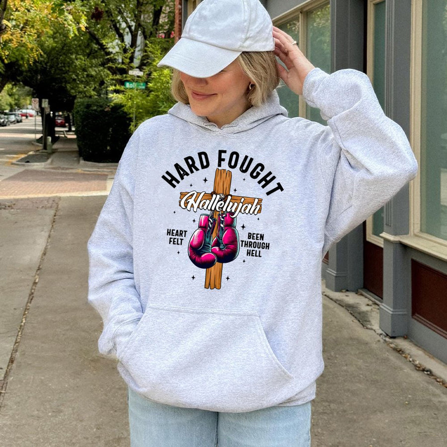 Hard Fought Hallelujah Christian Hoodie | Boxing Gloves & Cross Graphic | Soft Cotton-Blend Premium Fabric | Faith-Based Apparel Gift for Believers