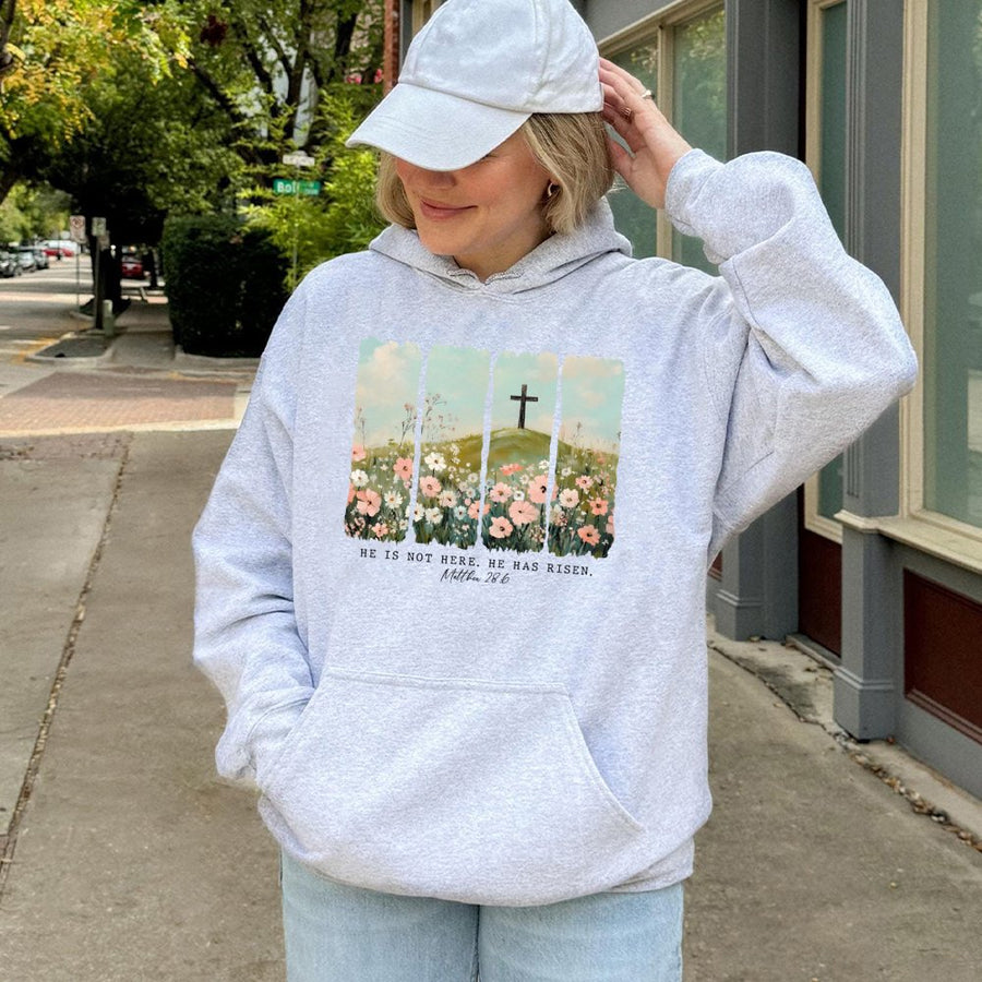 He Is Risen Christian Hoodie | Matthew 28:6 Floral Cross Graphic | Premium Cotton Blend | Easter Religious Gift for Men and Women