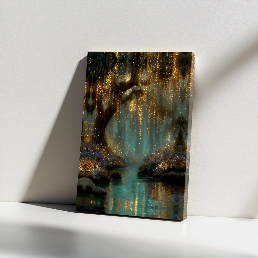 Enchanted Forest Canvas Print | Glowing Willow Tree River Scene | Premium Thick Canvas Art | Ethereal Fantasy Wall Decor Gift