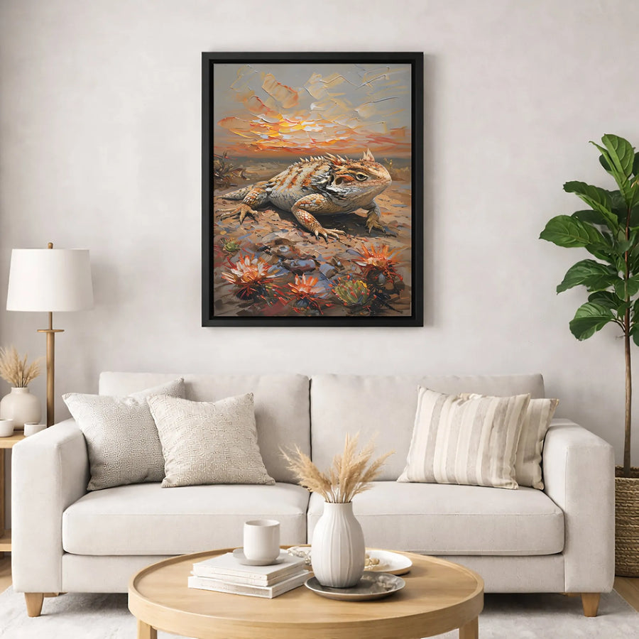 Horned Lizard Wall Art | Desert Sunset Impasto Oil Painting | Premium Gallery Wrap Canvas | Southwest Nature Home Decor Gift