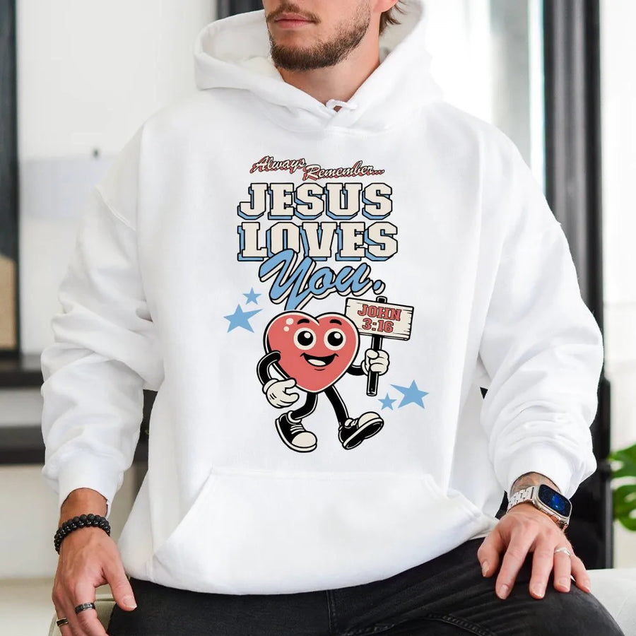 Jesus Loves You Hoodie | Vintage Cartoon Graphic Faith Sweatshirt | Premium Cotton Blend | Christian Gift for Men and Women