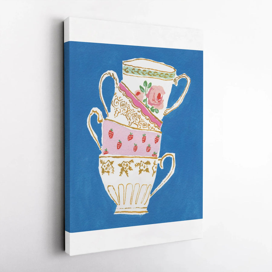 Vintage Tea Cup Canvas Wall Art | Whimsical Stacked Teacup Painting | Premium Gallery Wrapped Canvas | Kitchen & Cafe Wall Decor Gift