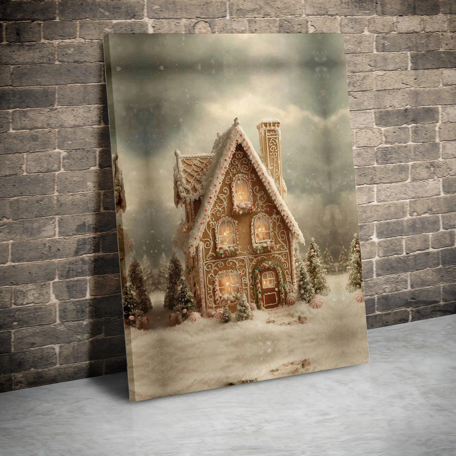 Gingerbread House Christmas Canvas Wall Art | Snowy Winter Cabin Scene | Gallery Quality Fade-Resistant Print | Festive Holiday Home Decor