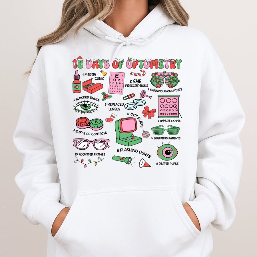 12 Days Of Optometry Hoodie | Funny Eye Doctor Christmas Sweatshirt | Premium Cotton Blend | Gift For Ophthalmologist Optician