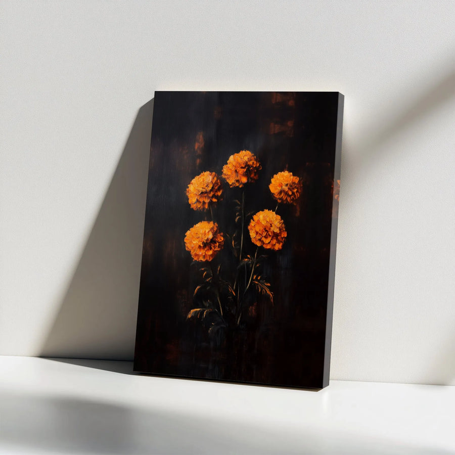 Moody Marigold Canvas Wall Art | Dark Floral Oil Painting Style | Premium Gallery Wrap Print | Elegant Home Decor Gift