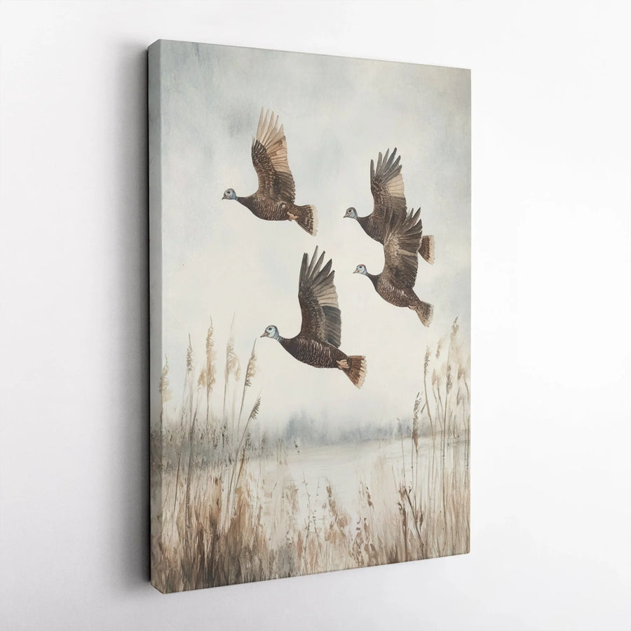 Wild Turkey Wall Art | Watercolor Flying Birds Print | 1.25 Inch Gallery Wrapped Canvas | Farmhouse Nature Home Decor for Hunters