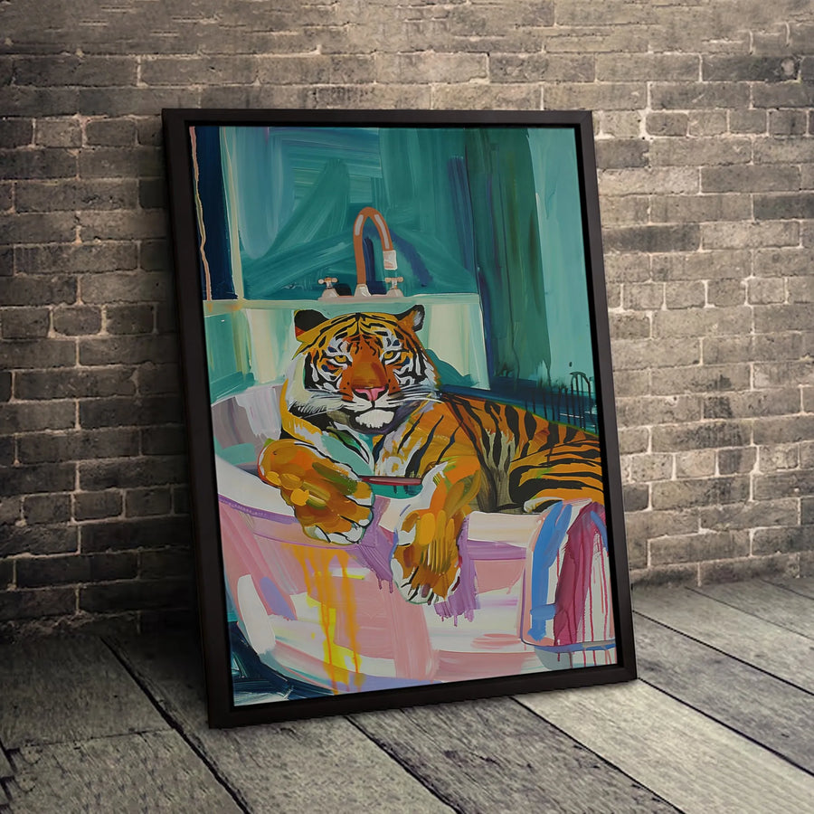 Tiger In A Bathtub Canvas Wall Art | Vibrant Animal Portrait | Gallery-Quality Premium Print | Quirky Home Decor Gift For Animal Lovers