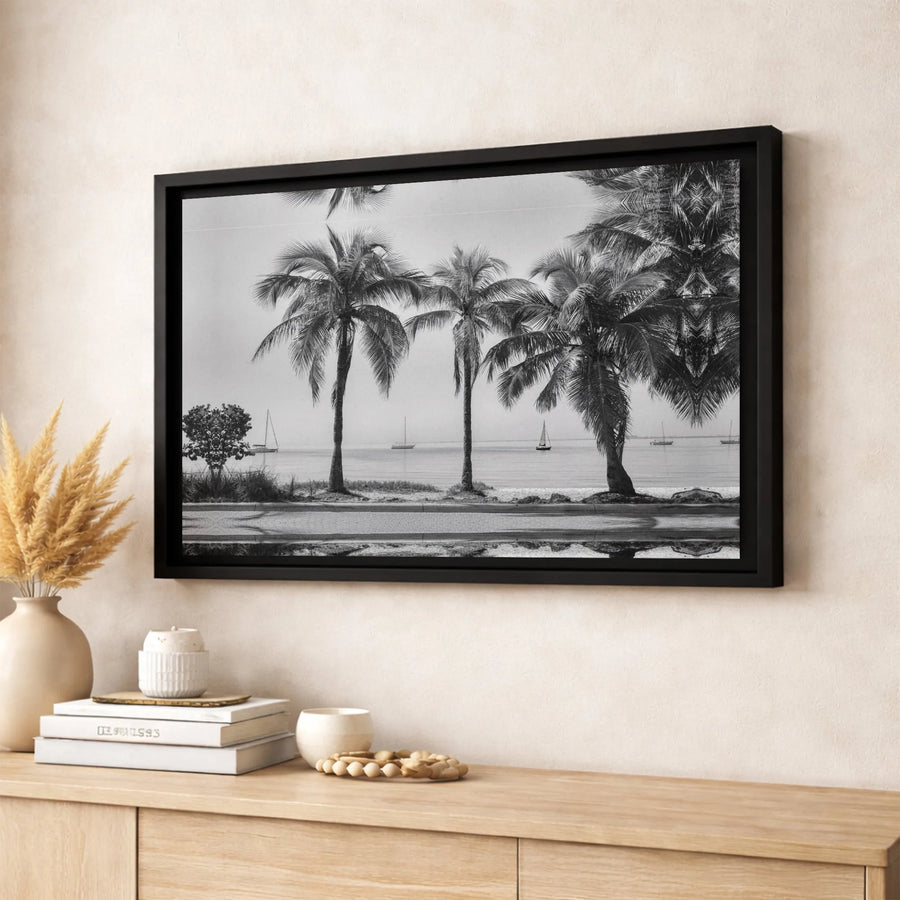 Black and White Palm Tree Canvas Print | Minimalist Tropical Beach Seascape | Premium Gallery-Quality Wall Art | Modern Coastal Home Decor Gift