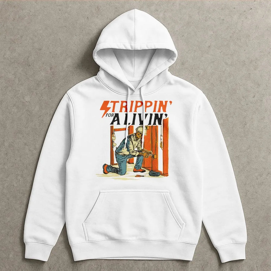 Electrician Hoodie | Strippin' For A Livin' Funny Skeleton Design | Premium Cotton Blend | Gift For Electrical Tradesman or Apprentice