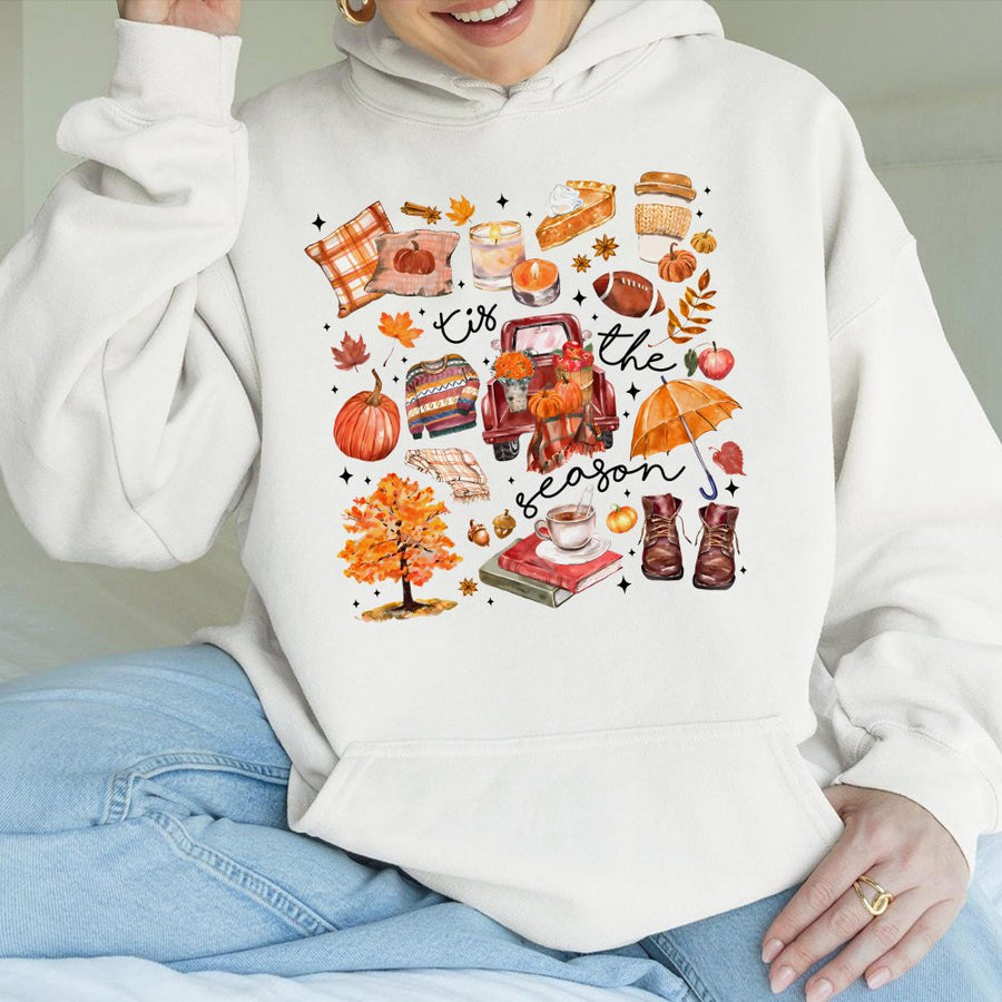 Tis The Season Fall Hoodie | Autumn Pumpkin Spice Graphic Sweatshirt | Premium Cotton-Blend Pullover | Cozy Thanksgiving Gift For Her