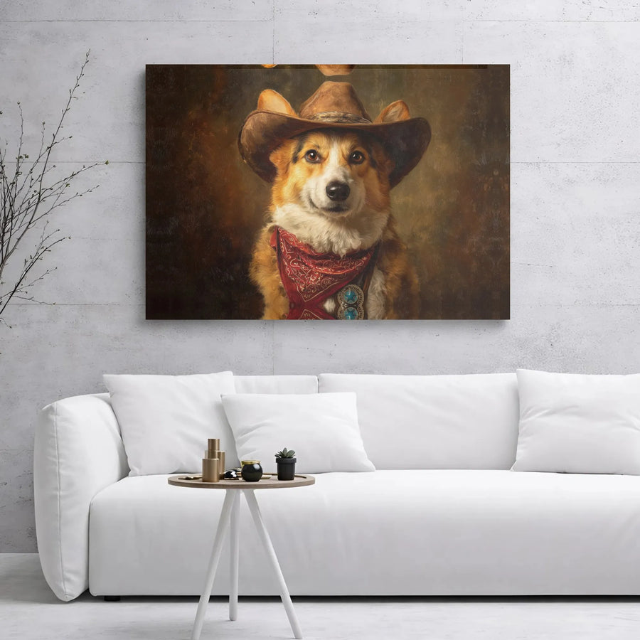 Cowboy Corgi Wall Art | Western Dog Portrait Oil Painting | Premium Gallery Wrap Canvas | Unique Gift for Dog Lovers & Ranch Home Decor