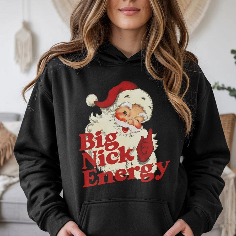 Big Nick Energy Hoodie | Retro Santa Christmas Graphic Sweatshirt | Premium Cotton Blend | Funny Holiday Gift for Men and Women