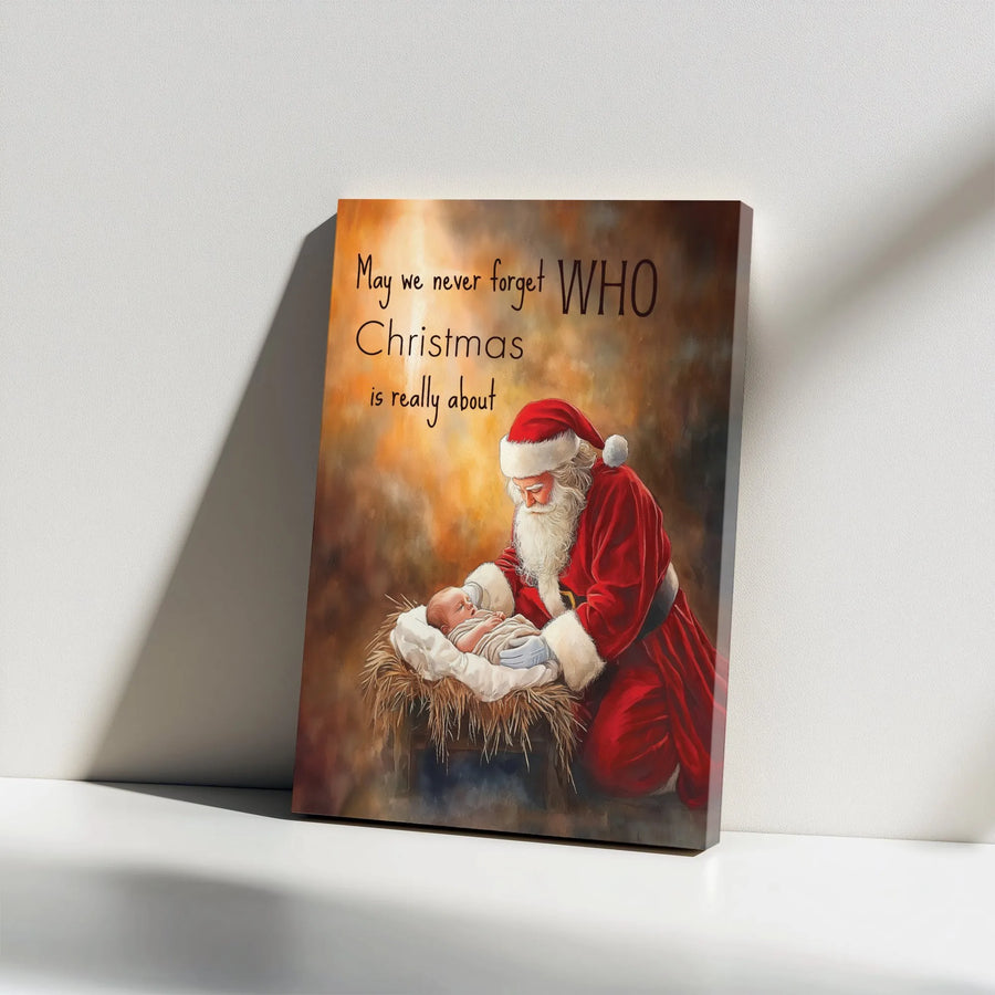 Santa Kneeling to Baby Jesus Canvas | Religious Christmas Wall Art | Premium Gallery Wrap Decor | Meaningful Christian Holiday Gift