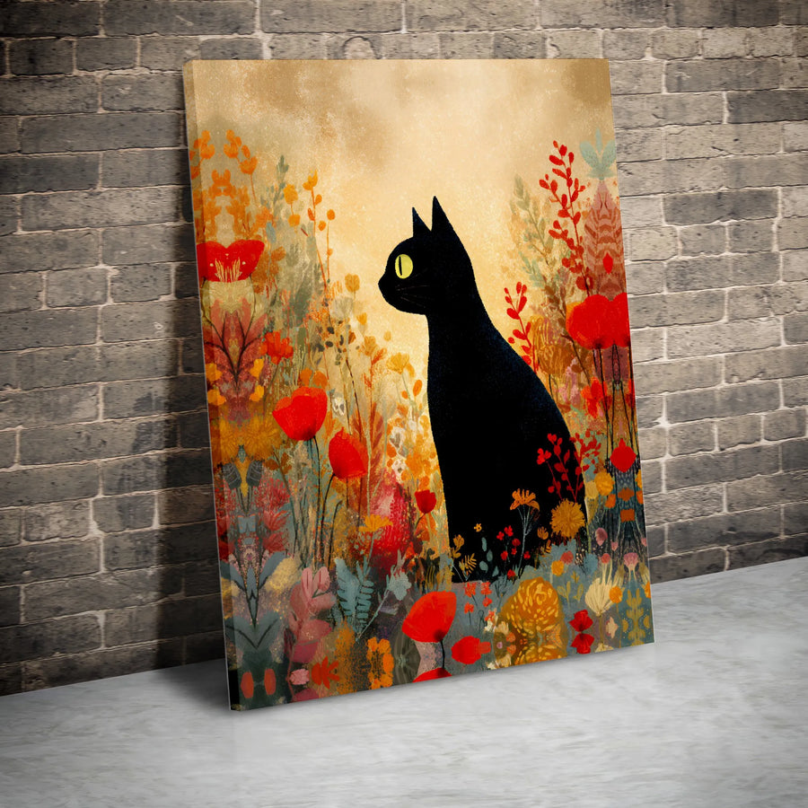 Black Cat Wall Art | Whimsical Wildflower Field Canvas Print | Premium Gallery Wrapped Decor | Gift for Cat Lovers & Nature Enthusiasts