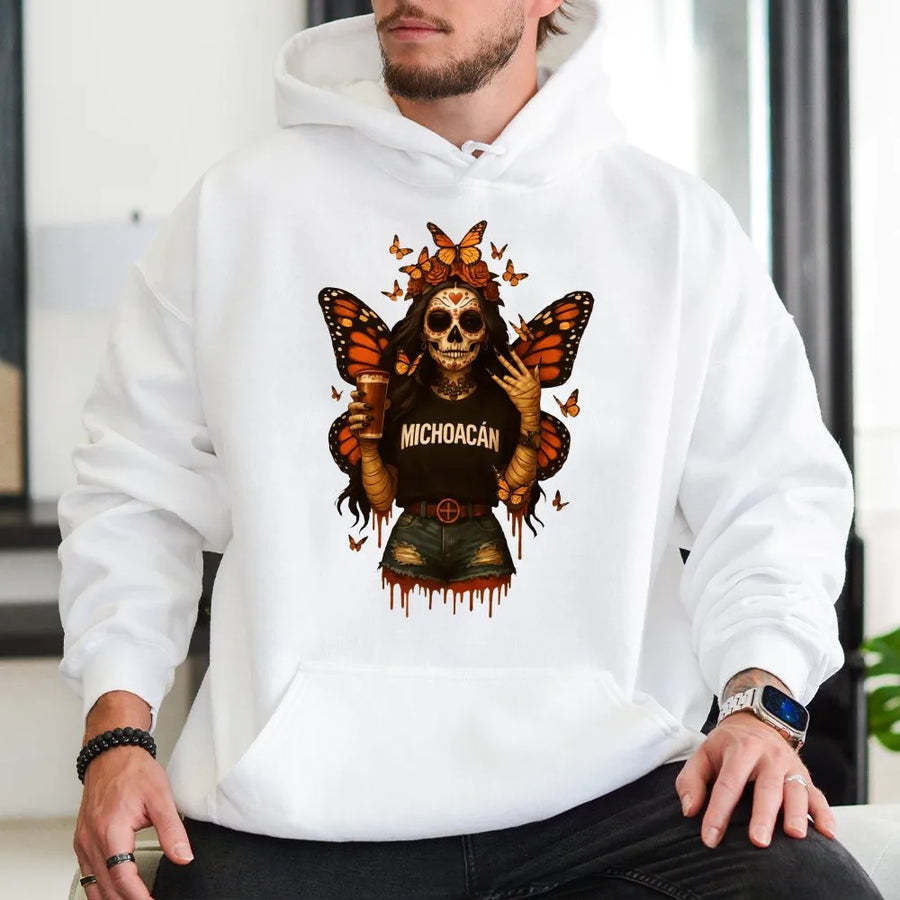 Michoacán Butterfly Skull Hoodie | Day of the Dead Sugar Skull Art | Premium Cotton Blend | Mexican Heritage Dia De Los Muertos Gift