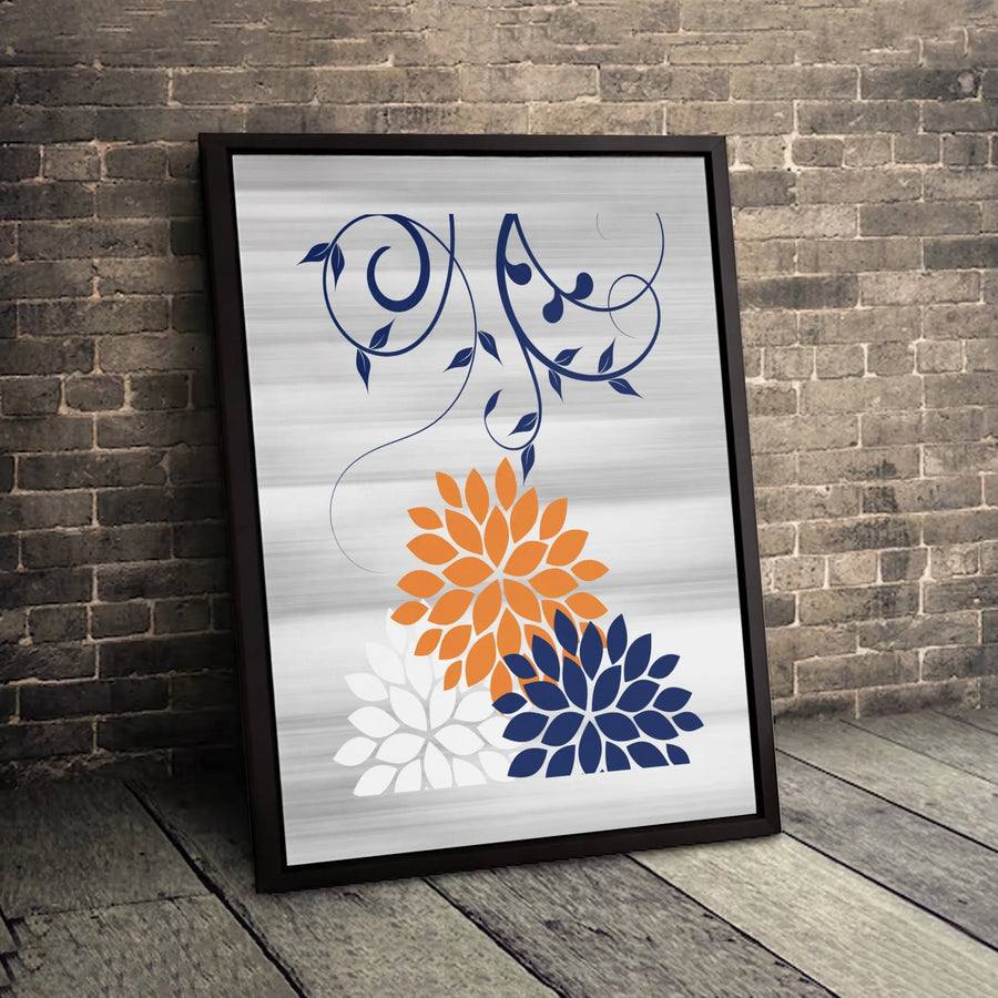 Abstract Floral Canvas Wall Art | Navy Orange White Botanical Print | Premium 1.25-Inch Gallery Wrap | Modern Home Office Decor Gift