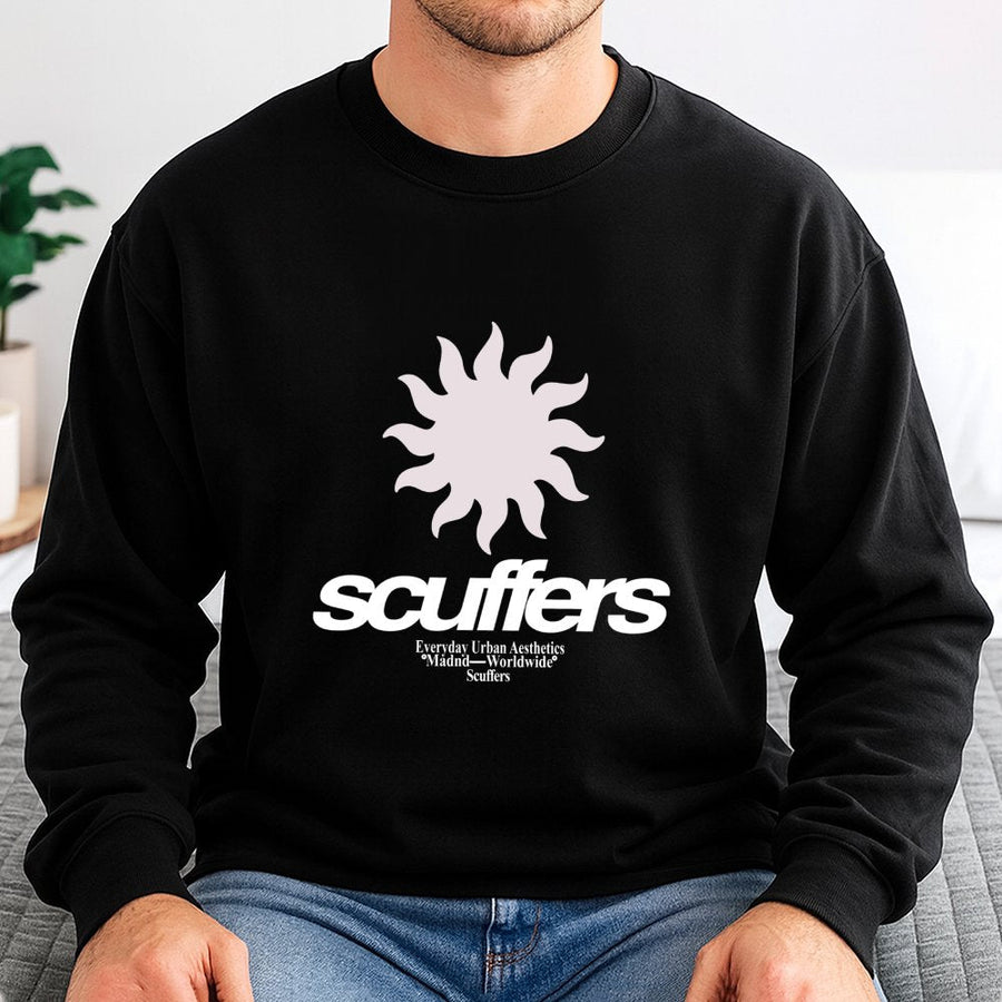 Scuffers Sun Graphic Sweatshirt | Retro Urban Aesthetic Design | Premium Cotton Blend Crewneck | Unisex Streetwear Gift for Men and Women