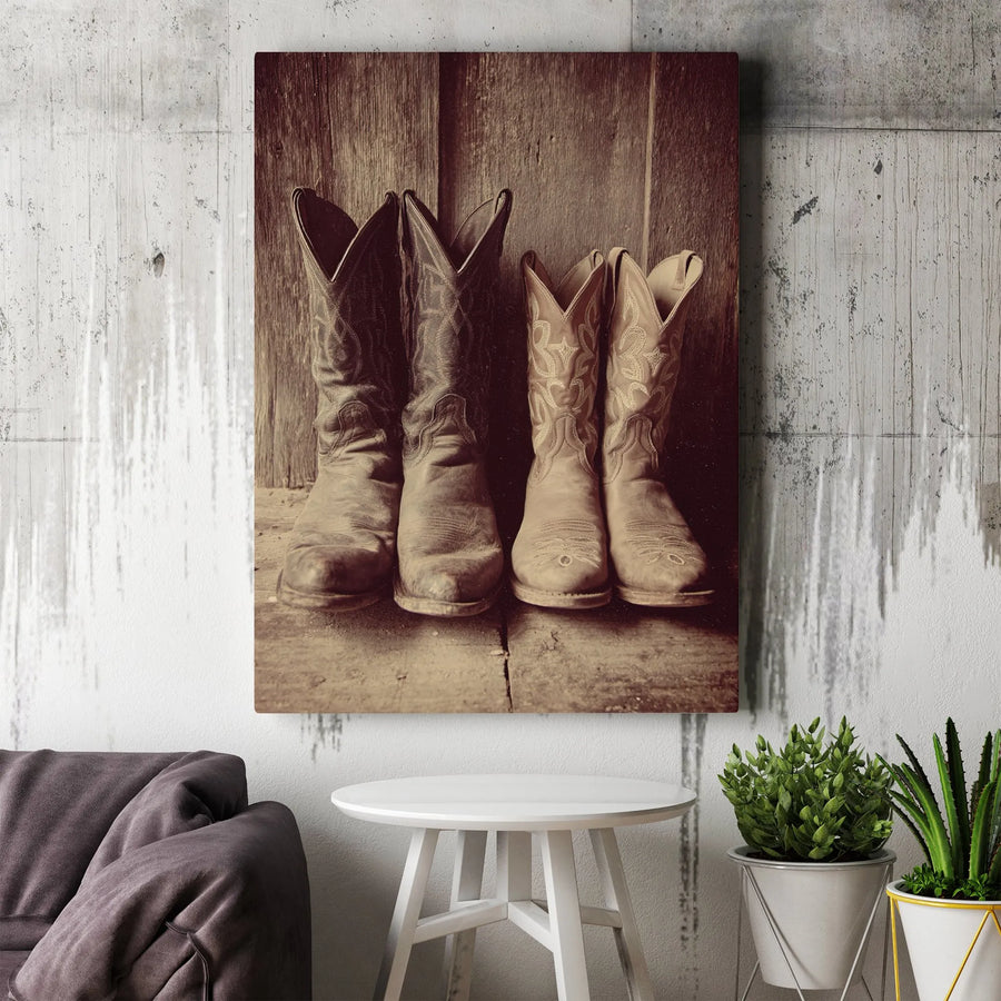 Western Cowboy Boots Canvas Wall Art | Rustic Sepia Farmhouse Photography | 1.25-Inch Gallery Wrap Print | Country Home Decor Gift