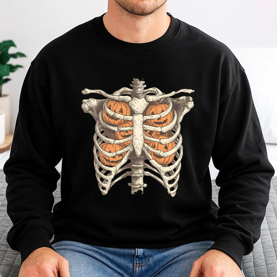 Skeleton Ribcage Pumpkin Halloween Sweatshirt | Retro Spooky Graphic Pullover | Cotton Blend Soft Fleece | Gift for Halloween Lovers