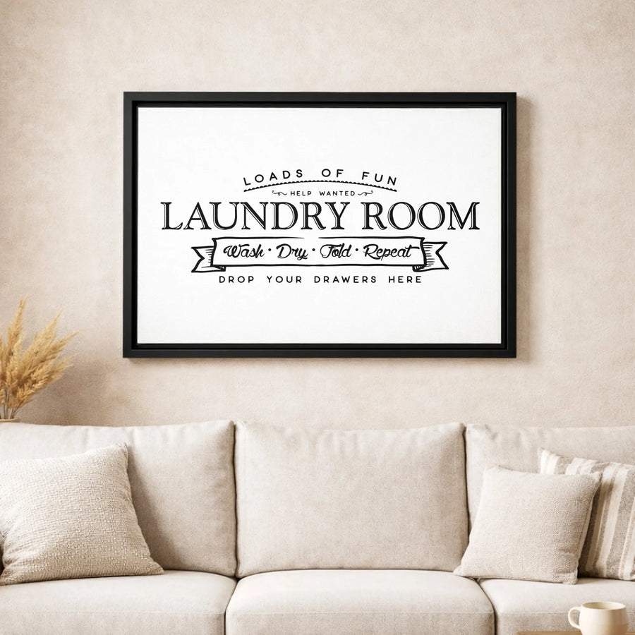 Laundry Room Wall Art | Wash Dry Fold Repeat Typography Sign | Premium Gallery Wrap Canvas | Humorous Home Decor Gift