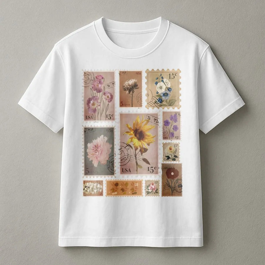 Vintage Floral Stamp T-Shirt | Retro Postage Stamp Wildflower Graphic | Premium Soft Blend Pullover | Cottagecore Aesthetic Gift for Gardener