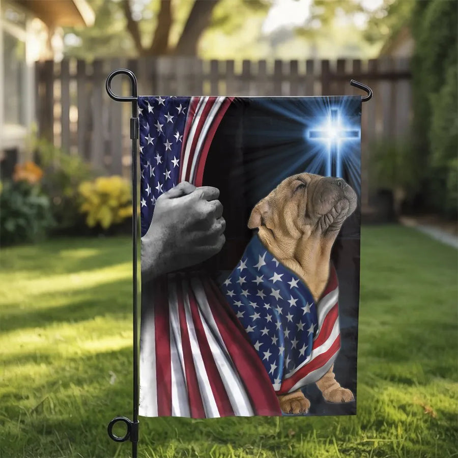 American Flag Shar Pei Garden Flag | Patriotic Christian Cross & Dog Art | Double Sided Polyester | Gift for Christian Dog Lovers